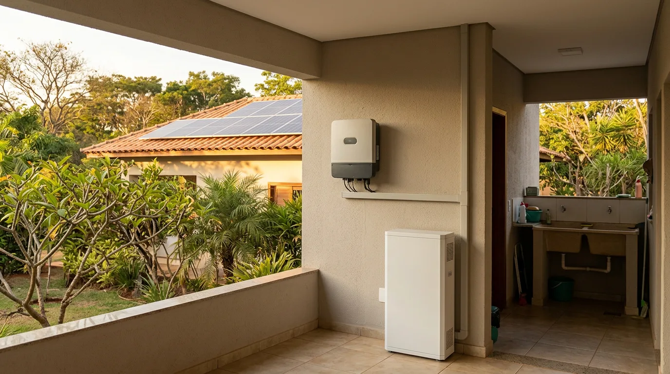 Inversor solar e gabinete de bateria em uma área técnica coberta de residência, com painéis fotovoltaicos no telhado ao fundo.