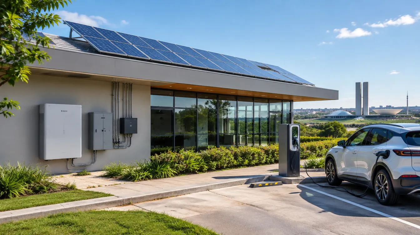 Projeto elétrico com painéis solares, bateria e carregador de veículo elétrico em ambiente comercial, em cena editorial ilustrativa.