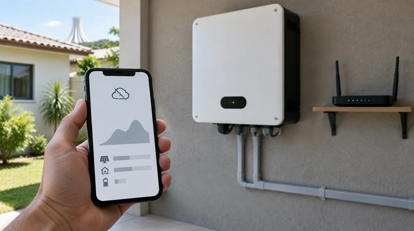 Celular com tela ilustrativa de monitoramento, próximo a um inversor solar e roteador em ambiente residencial.
