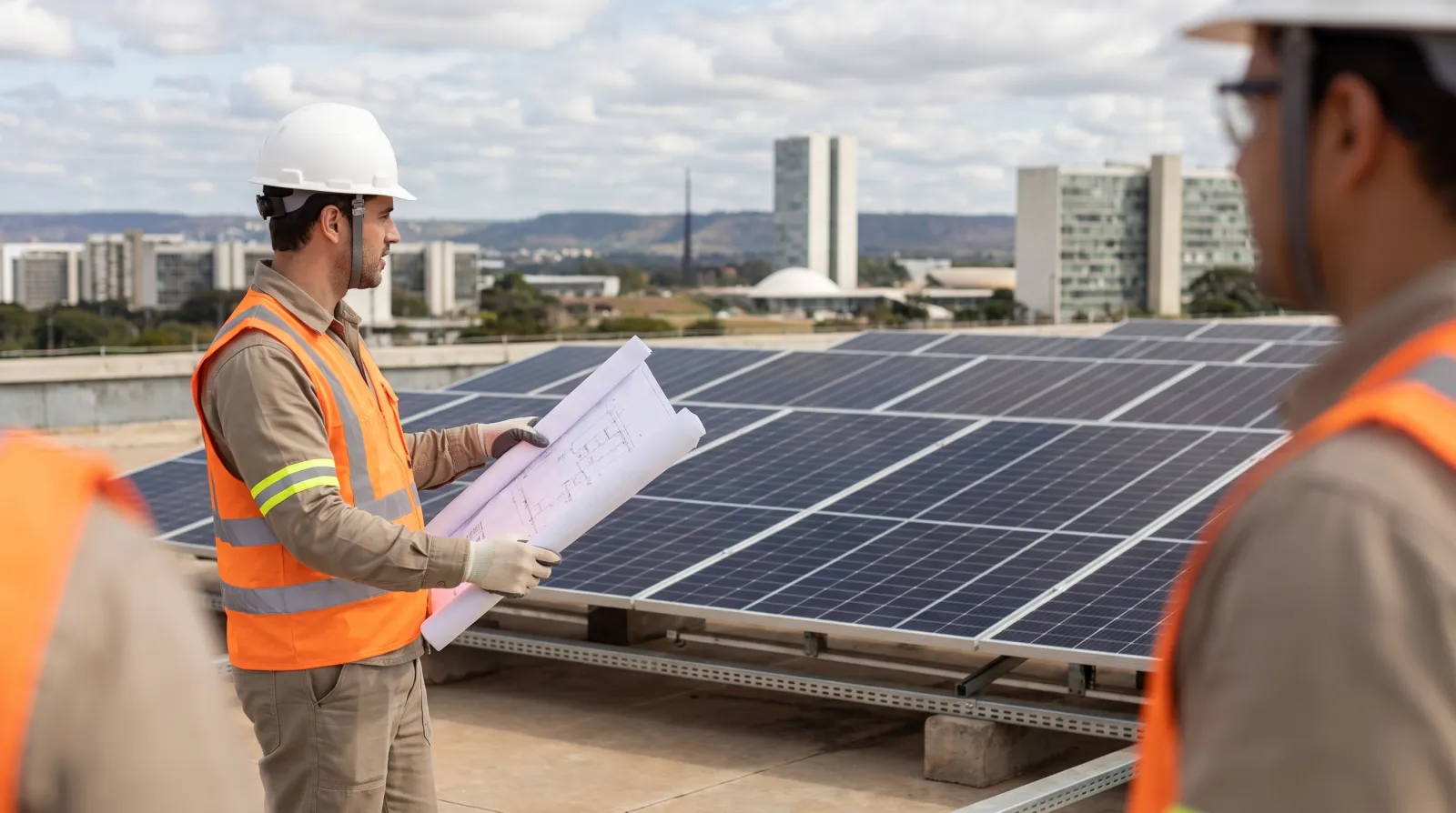 Engenheiro revisa projeto técnico ao lado de uma instalação fotovoltaica em Brasília.