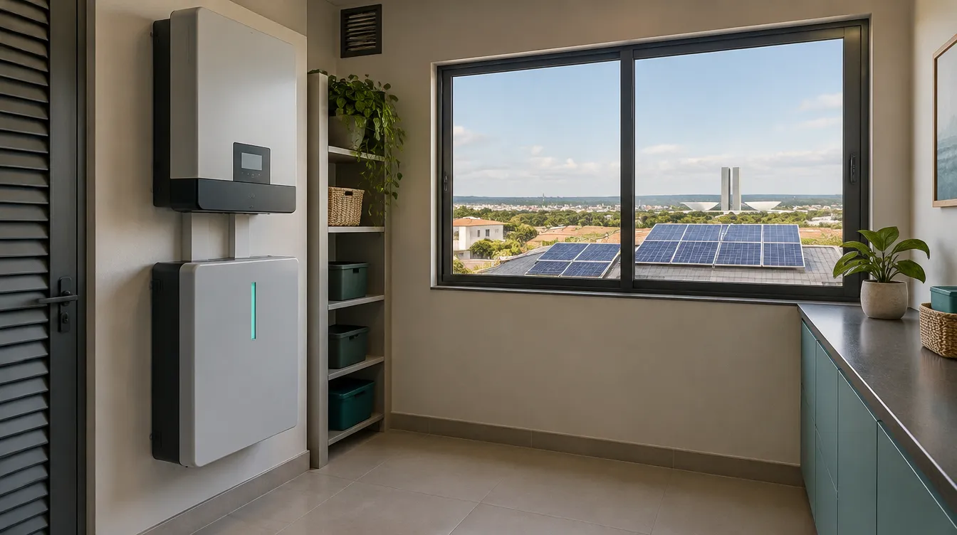 Bateria residencial e inversor instalados em área técnica, com painéis solares visíveis ao fundo.