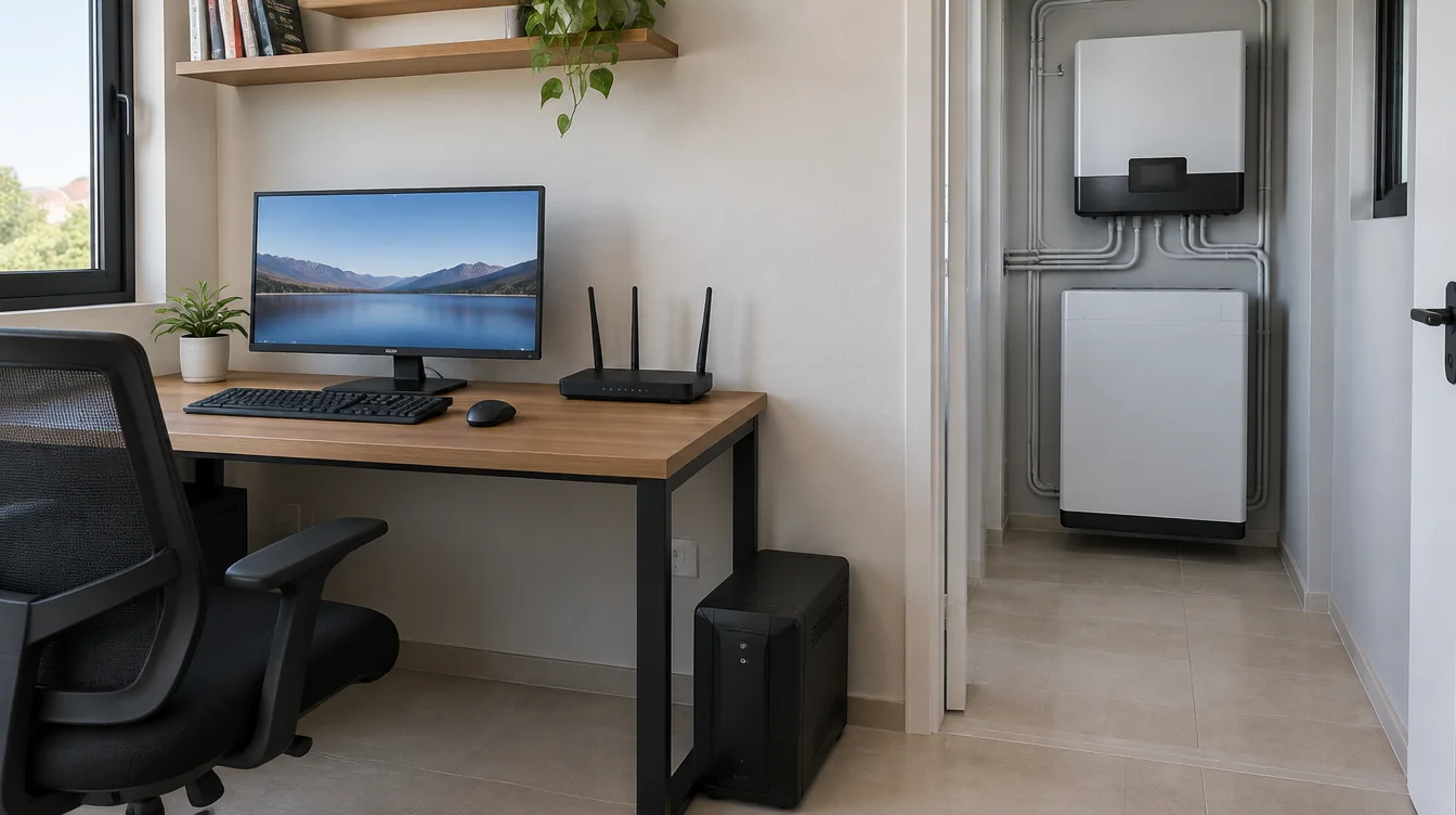 Escritório residencial com computador, roteador e nobreak, próximo a um ambiente com bateria e inversor.