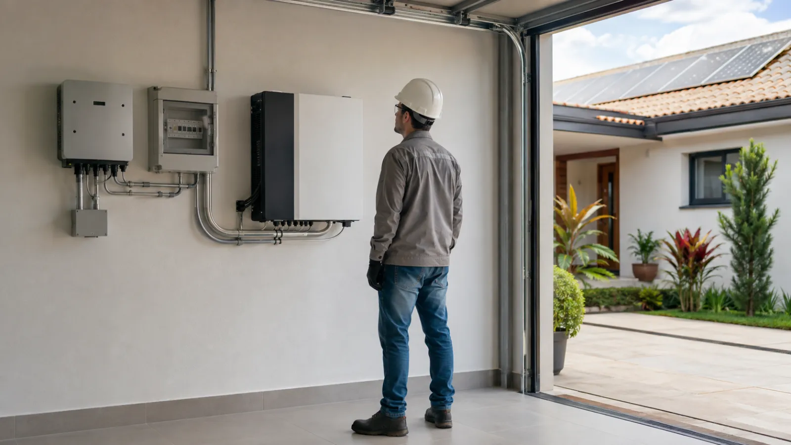 Engenheiro avalia bateria residencial, inversor e quadro elétrico em uma casa com painéis solares.