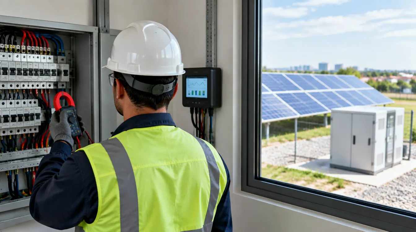 Técnico analisando medidor de energia em comércio com painéis solares e bateria ao fundo, em cena editorial ilustrativa.