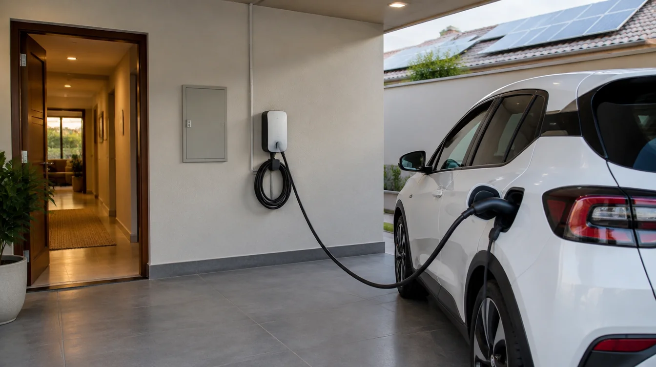 Carro elétrico conectado a um carregador de parede em garagem residencial coberta, com painéis solares ao fundo.