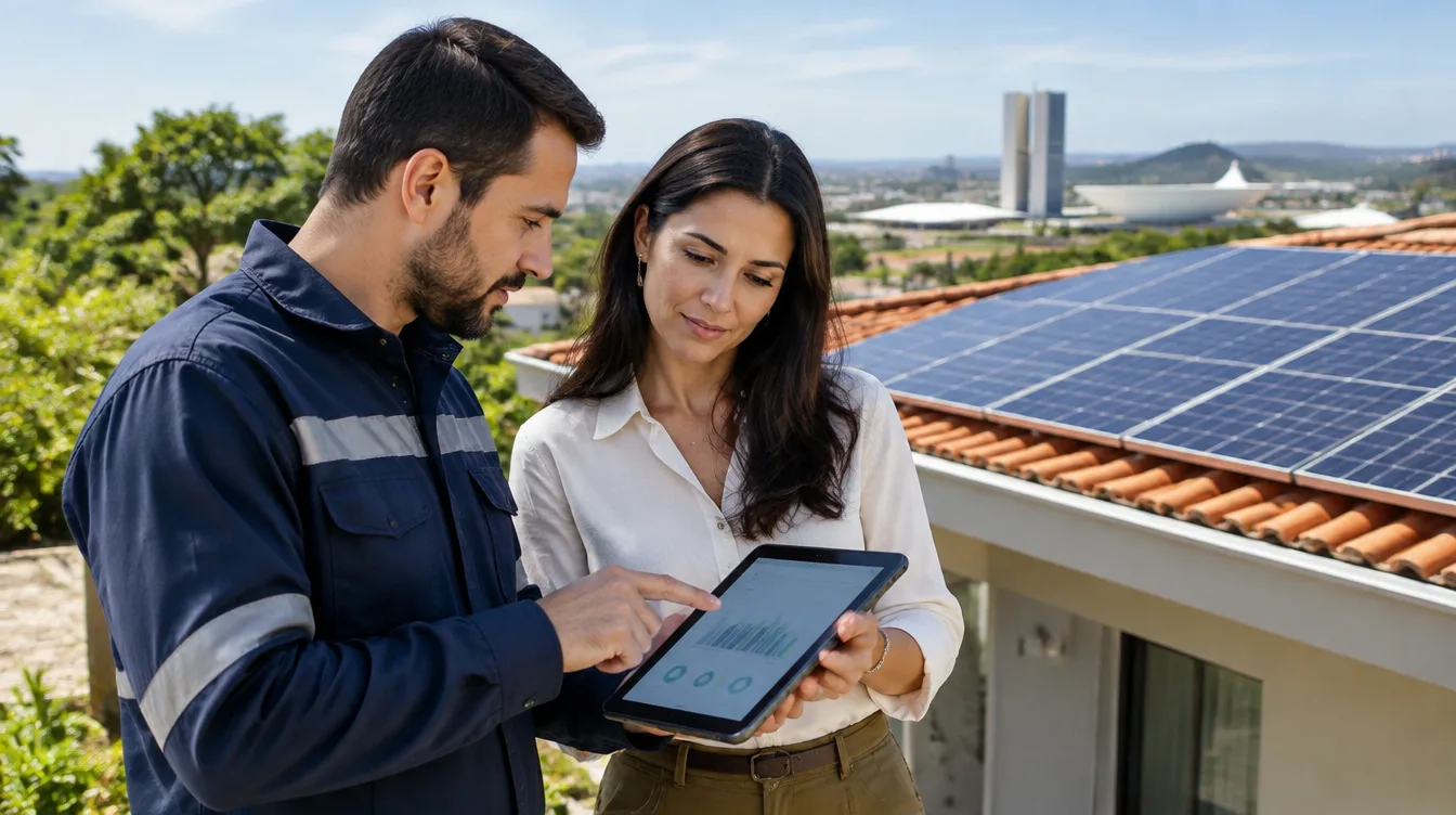 Técnico apresenta em um tablet os dados de um sistema solar instalado no telhado ao proprietário, em cena ilustrativa.