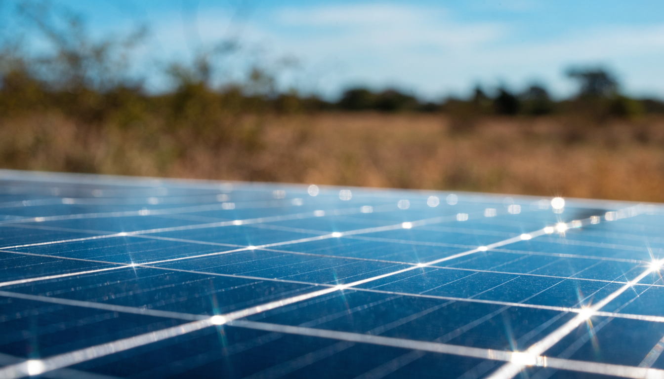 Close-up de células fotovoltaicas refletindo a luz solar intensa do Cerrado, representando a precisão técnica por trás do cálculo de um sistema solar