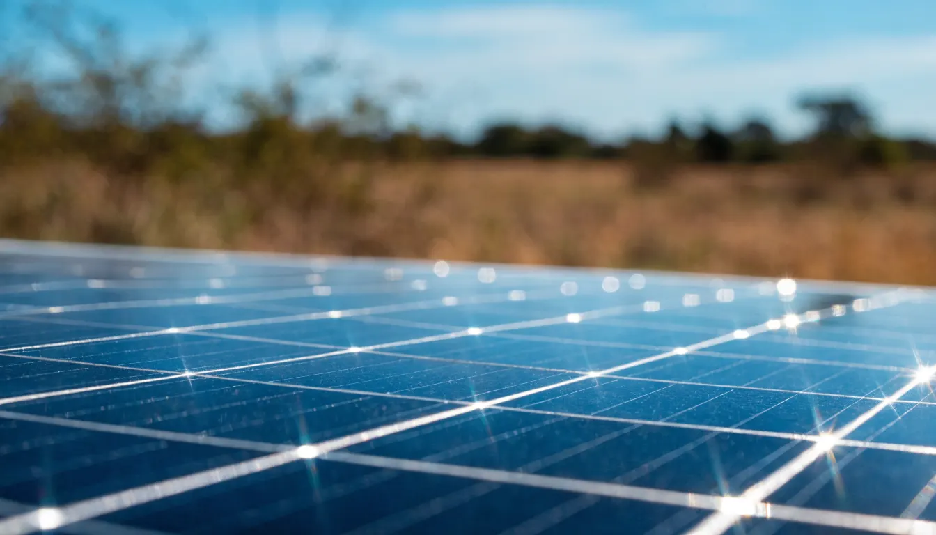 Close-up de células fotovoltaicas refletindo a luz solar intensa do Cerrado, representando a precisão técnica por trás do cálculo de um sistema solar