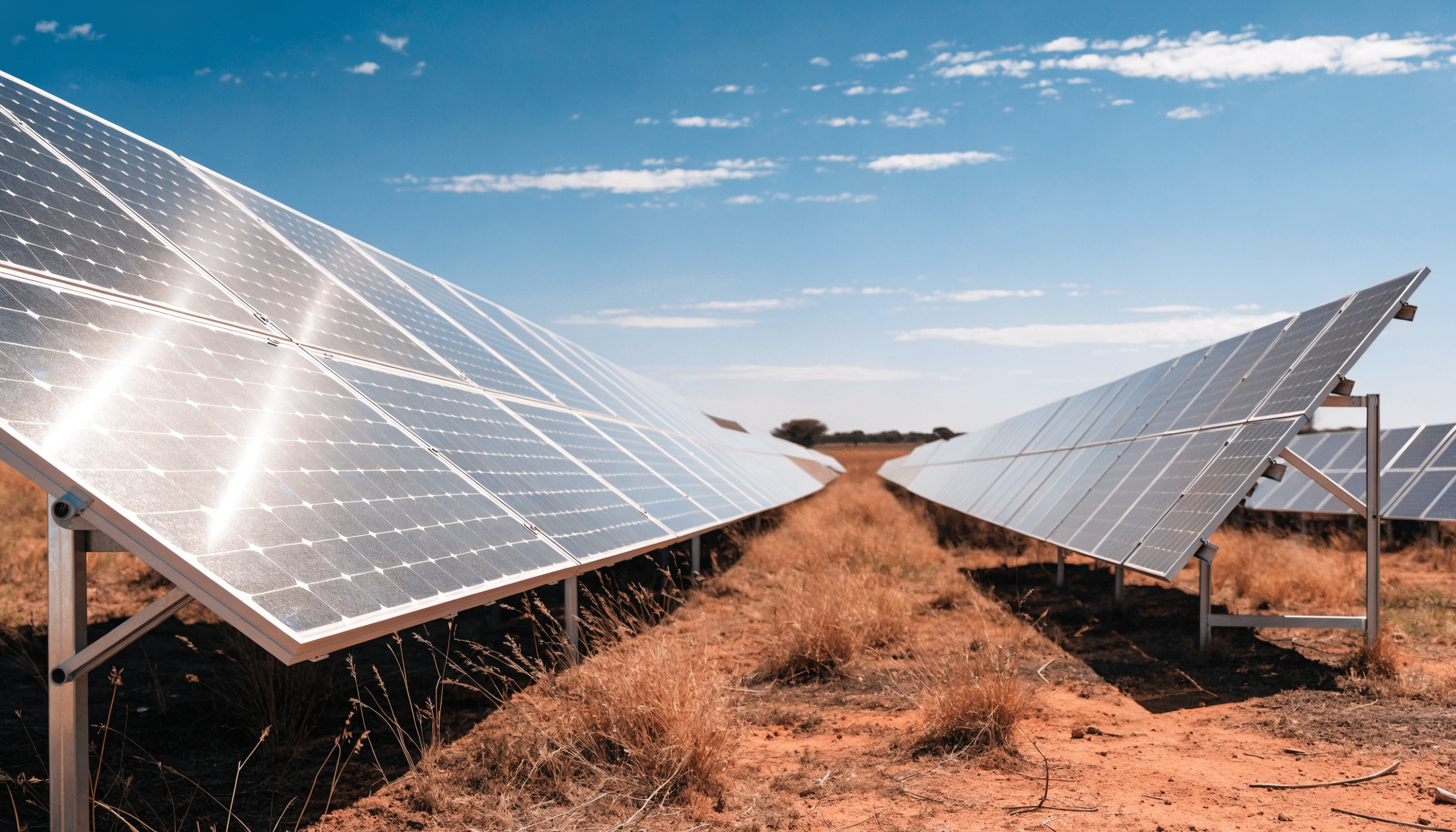 Módulos fotovoltaicos alinhados sob o céu limpo do Cerrado, representando a comparação técnica entre propostas de energia solar em Brasília