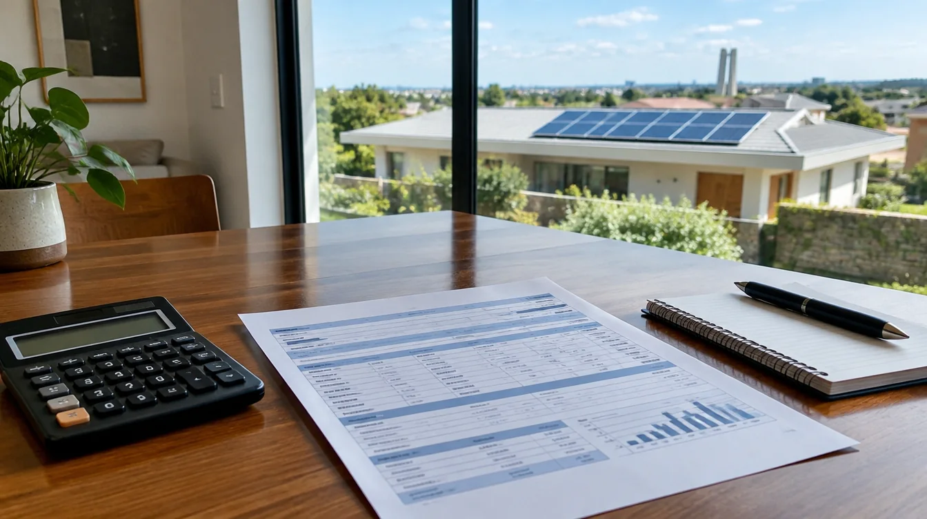 Conta de energia, calculadora e caderno sobre uma mesa, com painéis solares visíveis pela janela.