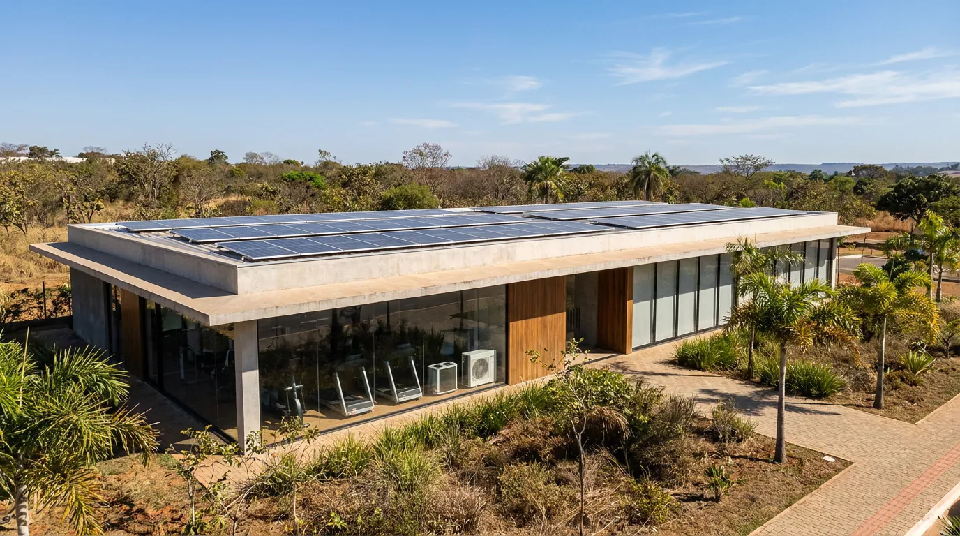 Academia de arquitetura comercial no Distrito Federal com painéis solares instalados na cobertura