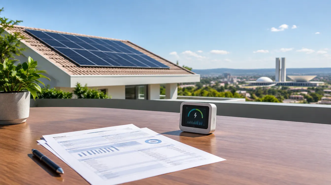 Fatura de energia, monitor de consumo e painéis solares em telhado, em cena editorial ilustrativa.