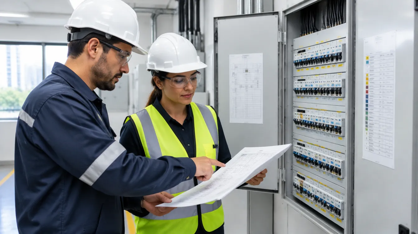 Engenheiros avaliam o quadro elétrico de um edifício comercial usando um plano de circuitos.