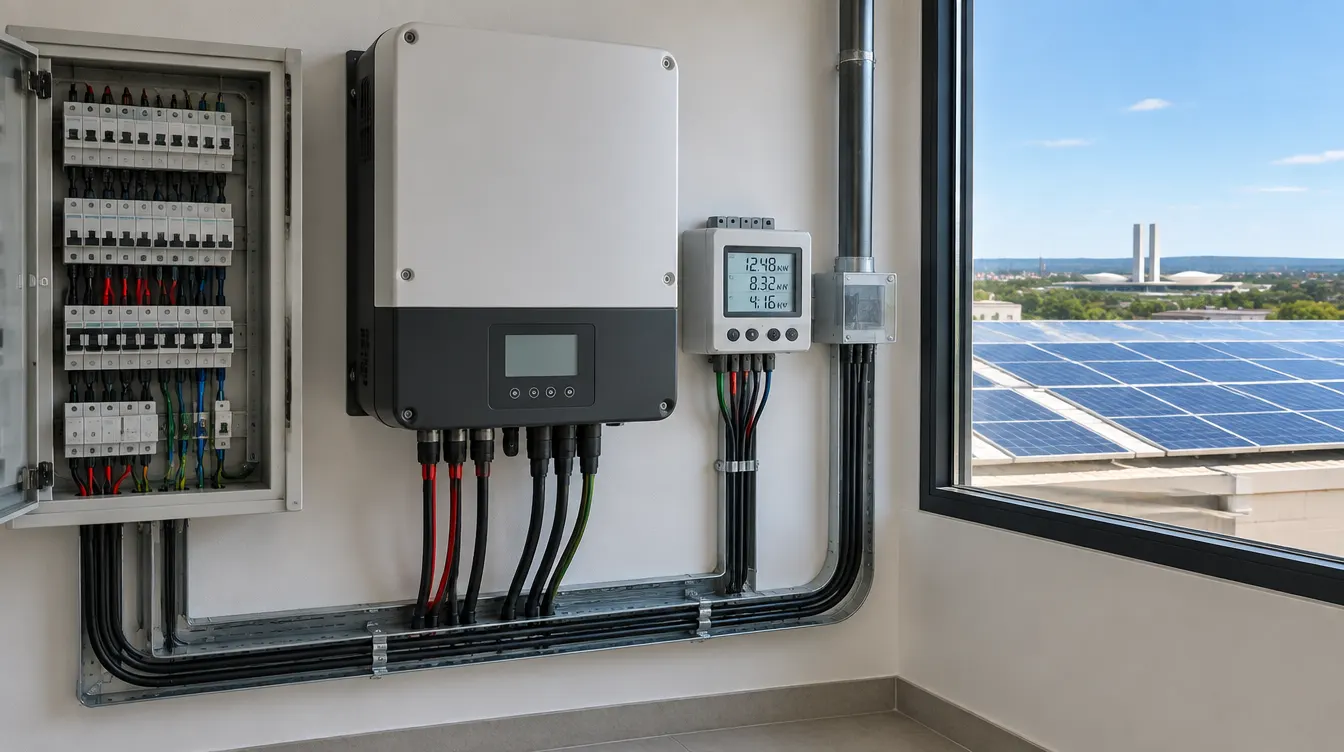 Quadro elétrico de sistema solar com medidor de energia e painéis fotovoltaicos em cobertura comercial, em cena editorial ilustrativa.