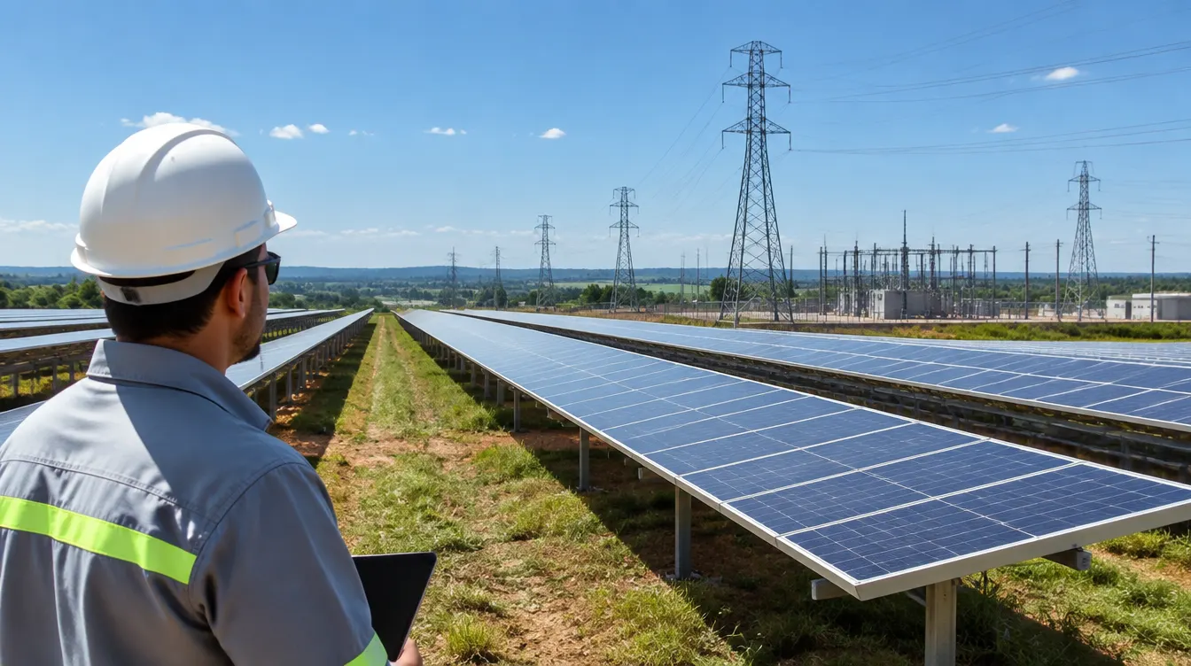 Usina solar de grande porte conectada a linhas de transmissão, com profissional observando os painéis.