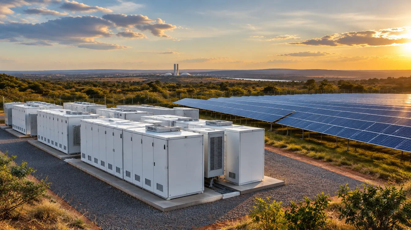Sistema de baterias de grande porte instalado ao lado de uma usina solar no Cerrado.