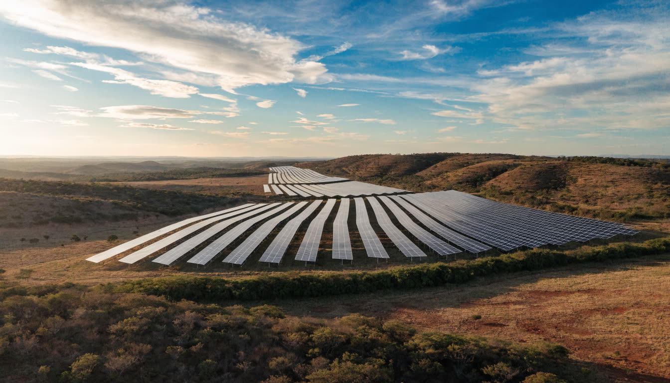 Painéis solares fotovoltaicos instalados em campo aberto no Cerrado do Distrito Federal ao amanhecer
