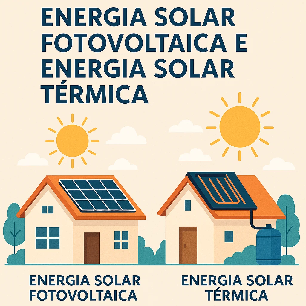 Infográfico comparando energia solar fotovoltaica e térmica