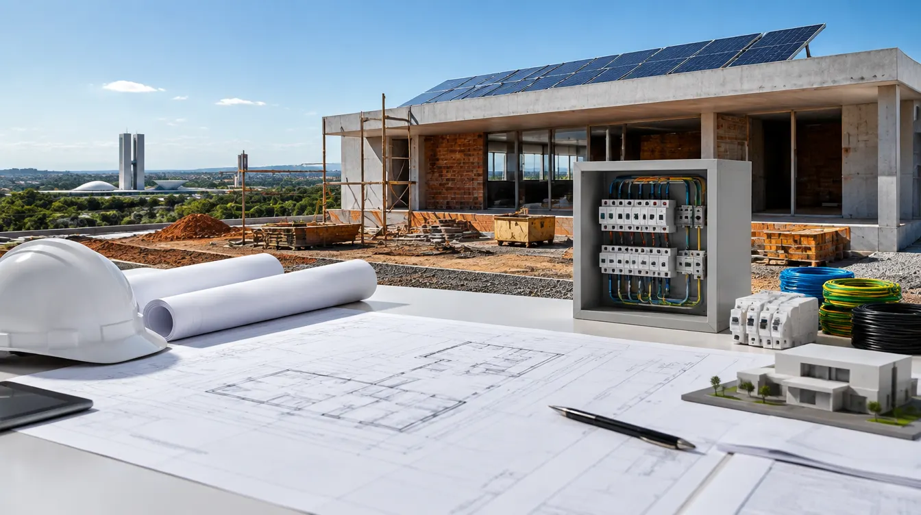 Projeto de nova edificação com quadro elétrico planejado e painéis solares em cobertura, em cena editorial ilustrativa.