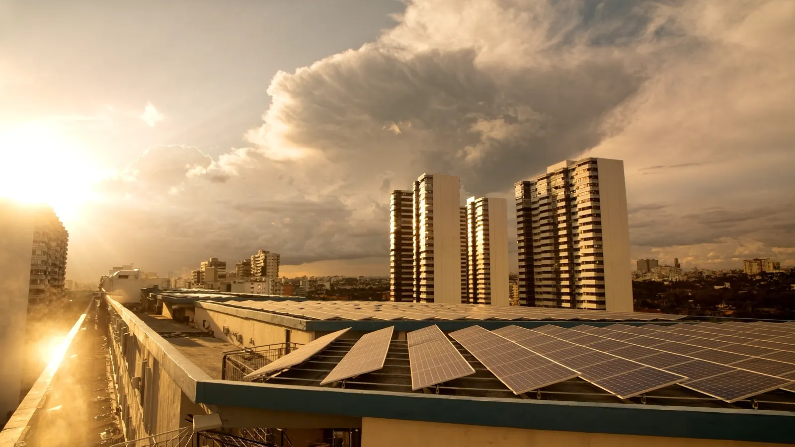 Torres residenciais verticais de Águas Claras, Brasília, com painéis solares instalados na cobertura sob céu ensolarado do cerrado