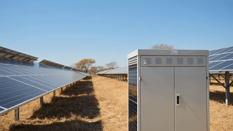 Célula de bateria de armazenamento de energia solar em close, com luz solar forte do cerrado ao fundo