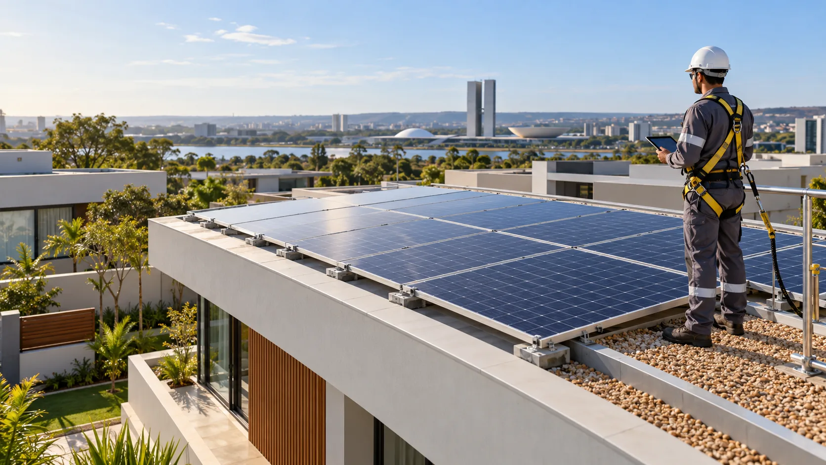 Instalador com equipamentos de proteção avalia um sistema fotovoltaico no telhado de um imóvel em Brasília.