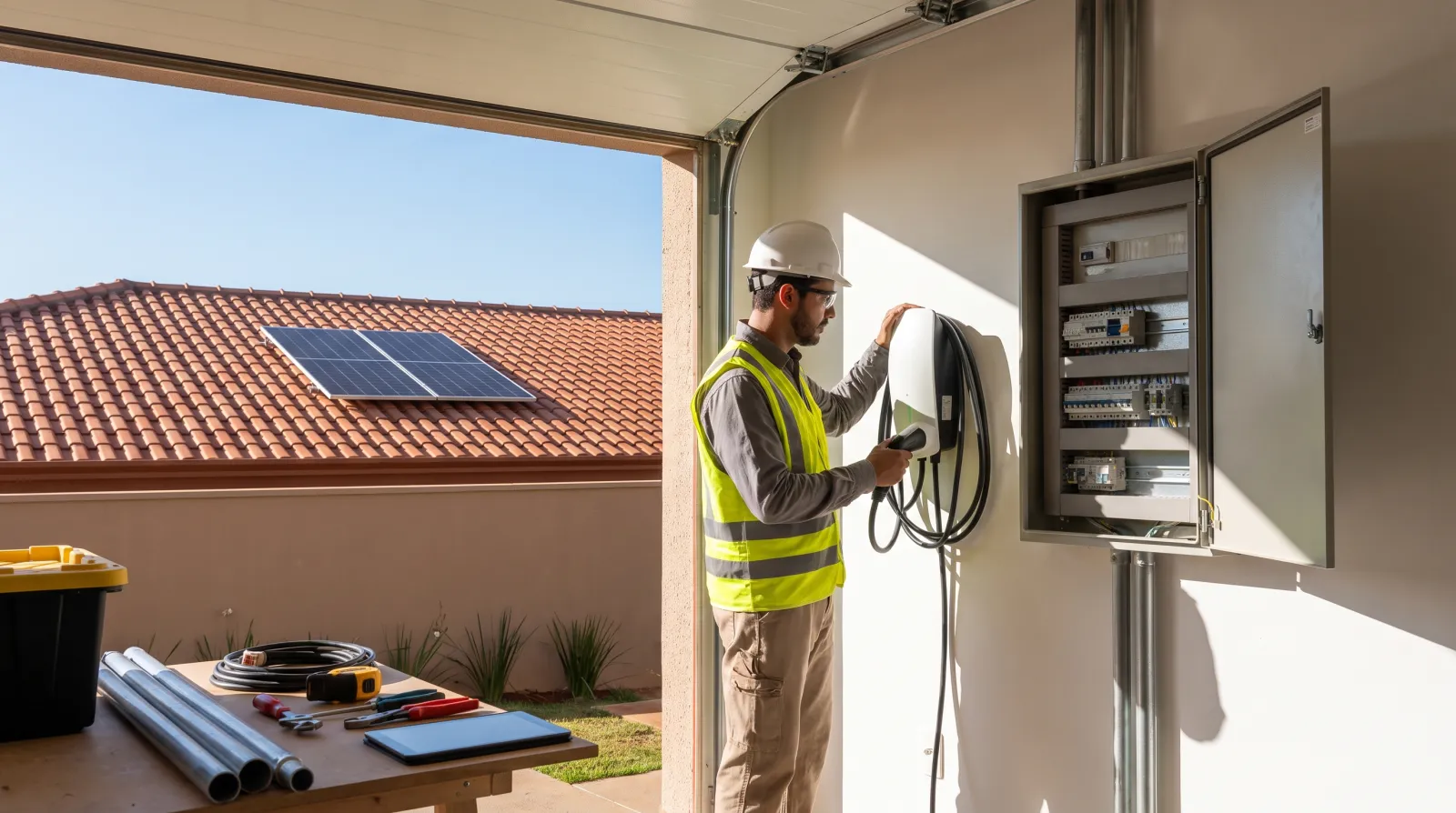 Engenheiro avalia carregador de veículo elétrico e quadro elétrico residencial com painéis solares ao fundo.