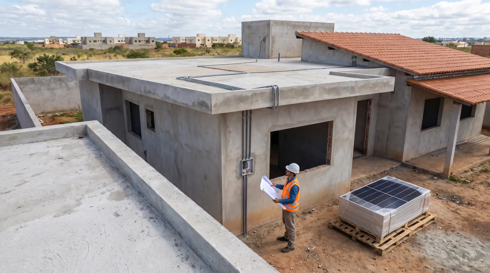 Engenheiro avalia infraestrutura elétrica e telhado de uma casa nova preparada para futura energia solar.