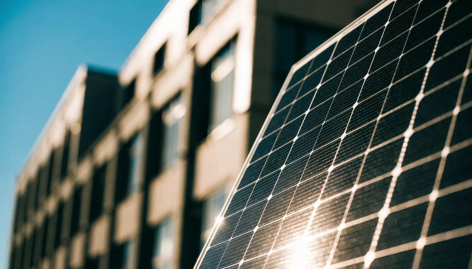 Painel solar fotovoltaico em primeiro plano refletindo luz intensa do sol, com skyline de edifícios comerciais desfocado ao fundo