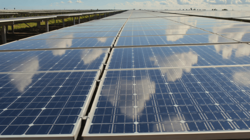 Fileiras de módulos fotovoltaicos sob sol forte, representando os dois modelos de geração solar em condomínios: área comum e unidades individuais