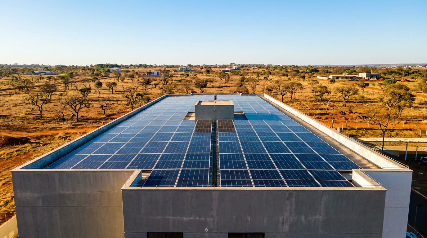 Painéis solares instalados em área comum de condomínio em Brasília com céu ensolarado do cerrado ao fundo