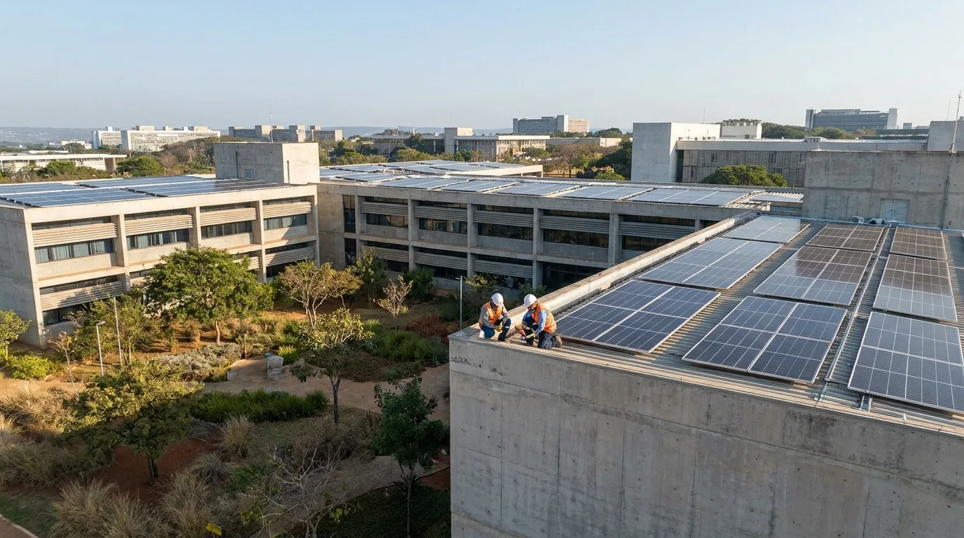 Campus educacional em Brasília com módulos fotovoltaicos nos telhados e profissionais de engenharia em inspeção