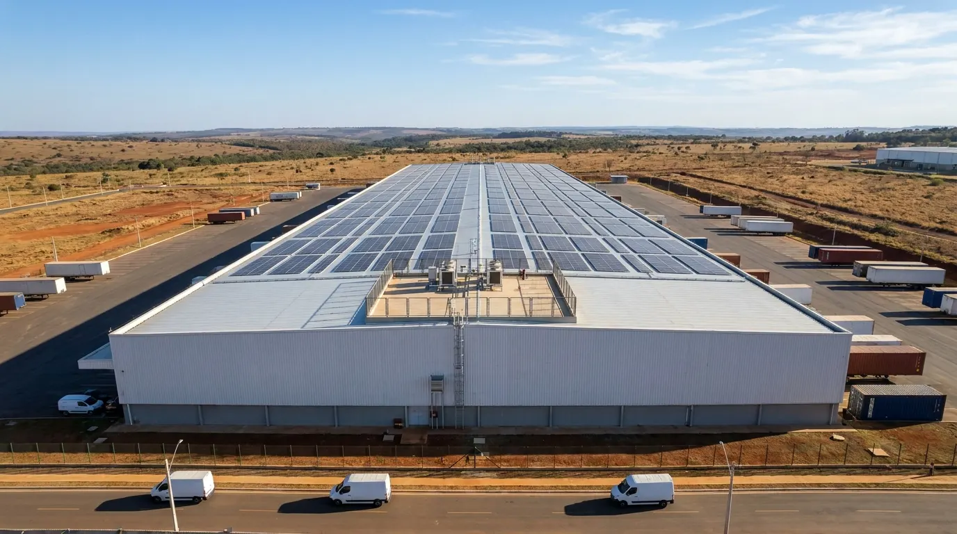 Galpão comercial com telhado coberto por painéis solares em Brasília