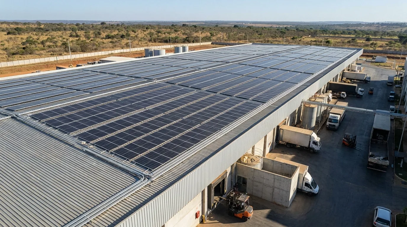 Cobertura de instalação industrial no Distrito Federal com painéis solares fotovoltaicos