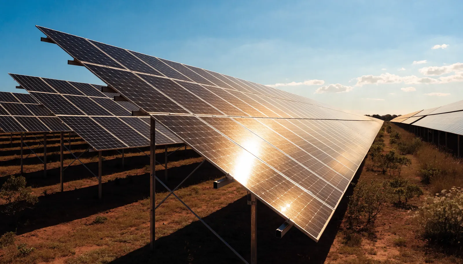 Painéis solares fotovoltaicos instalados em cobertura de grande estabelecimento comercial sob céu forte do cerrado brasiliense