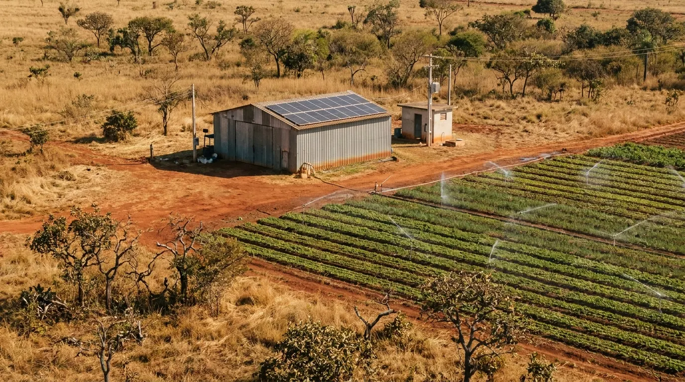 Propriedade rural no Distrito Federal com painéis solares em galpão e área irrigada ao fundo