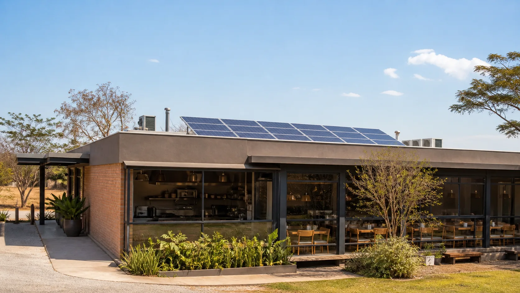 Restaurante em Brasília com painéis solares no telhado
