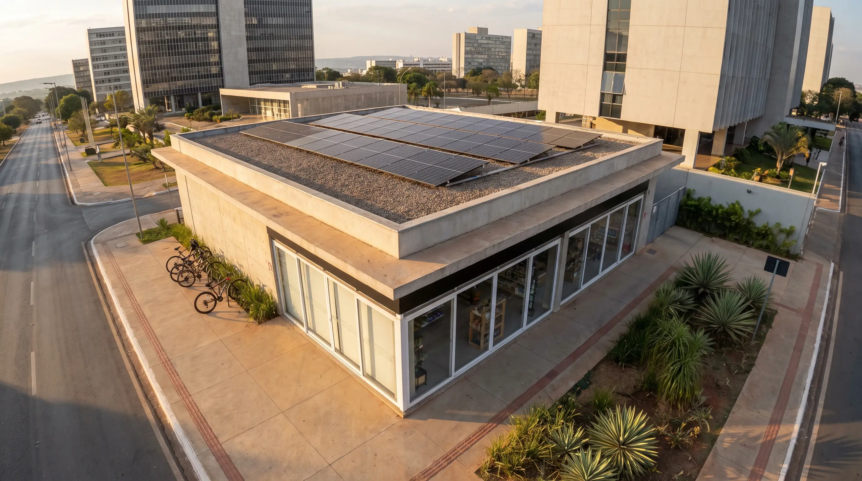 Salão de beleza em Brasília com painéis solares no telhado