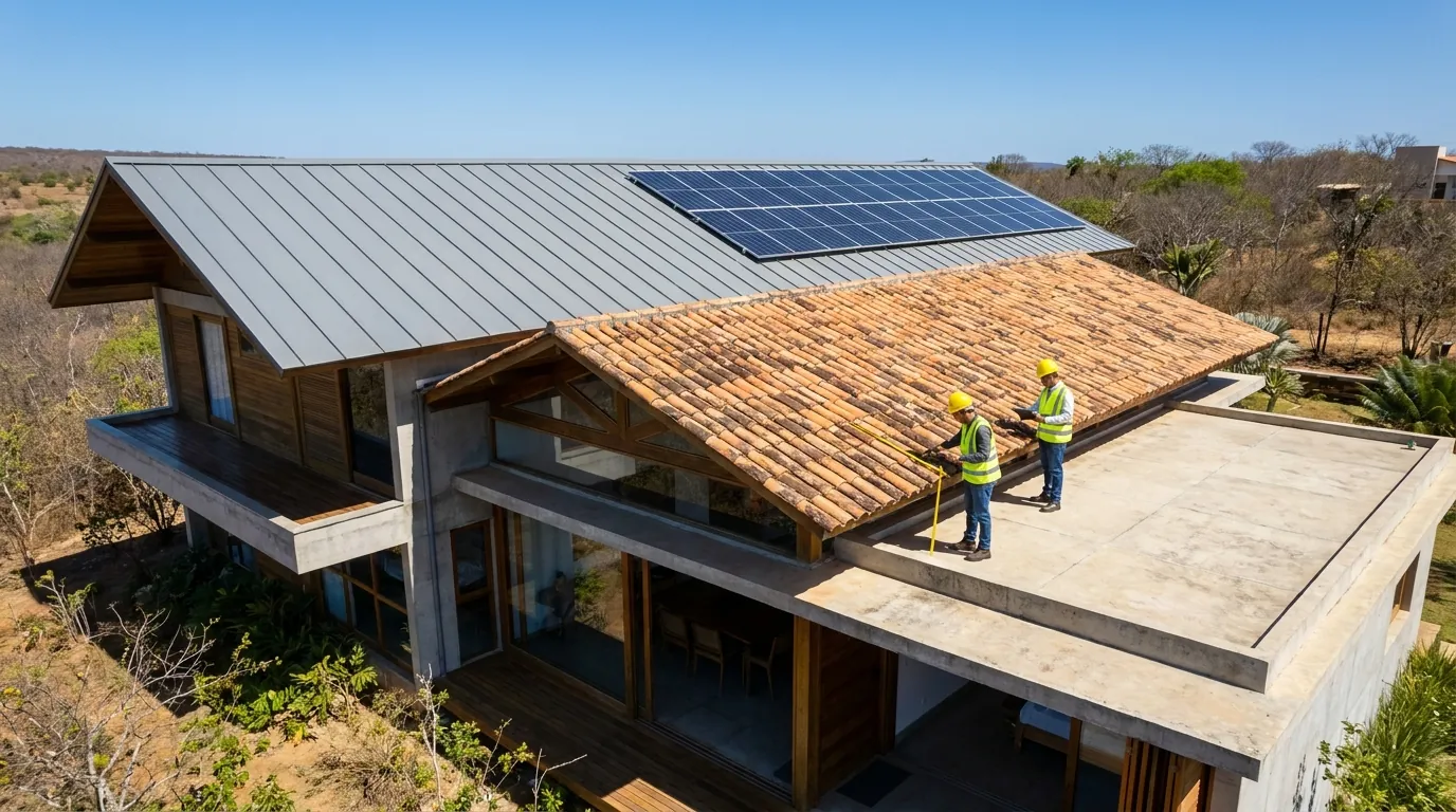 Casa com telhado metálico, telhas cerâmicas e laje; engenheiros avaliam a instalação de painéis solares