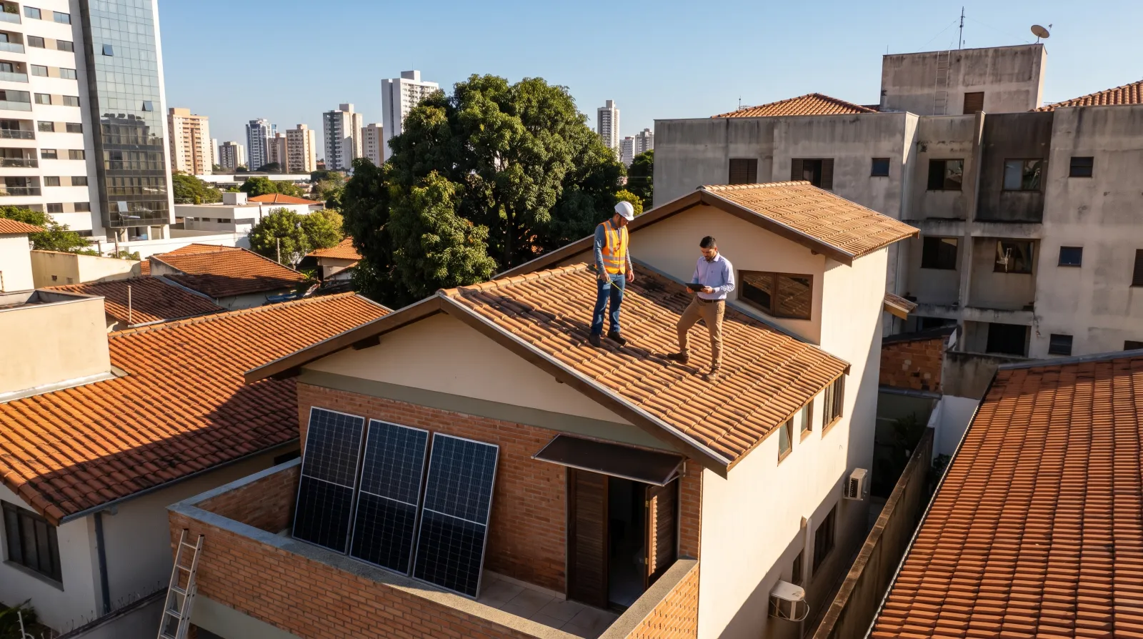 Técnicos medem um telhado residencial compacto para avaliar a instalação de energia solar.