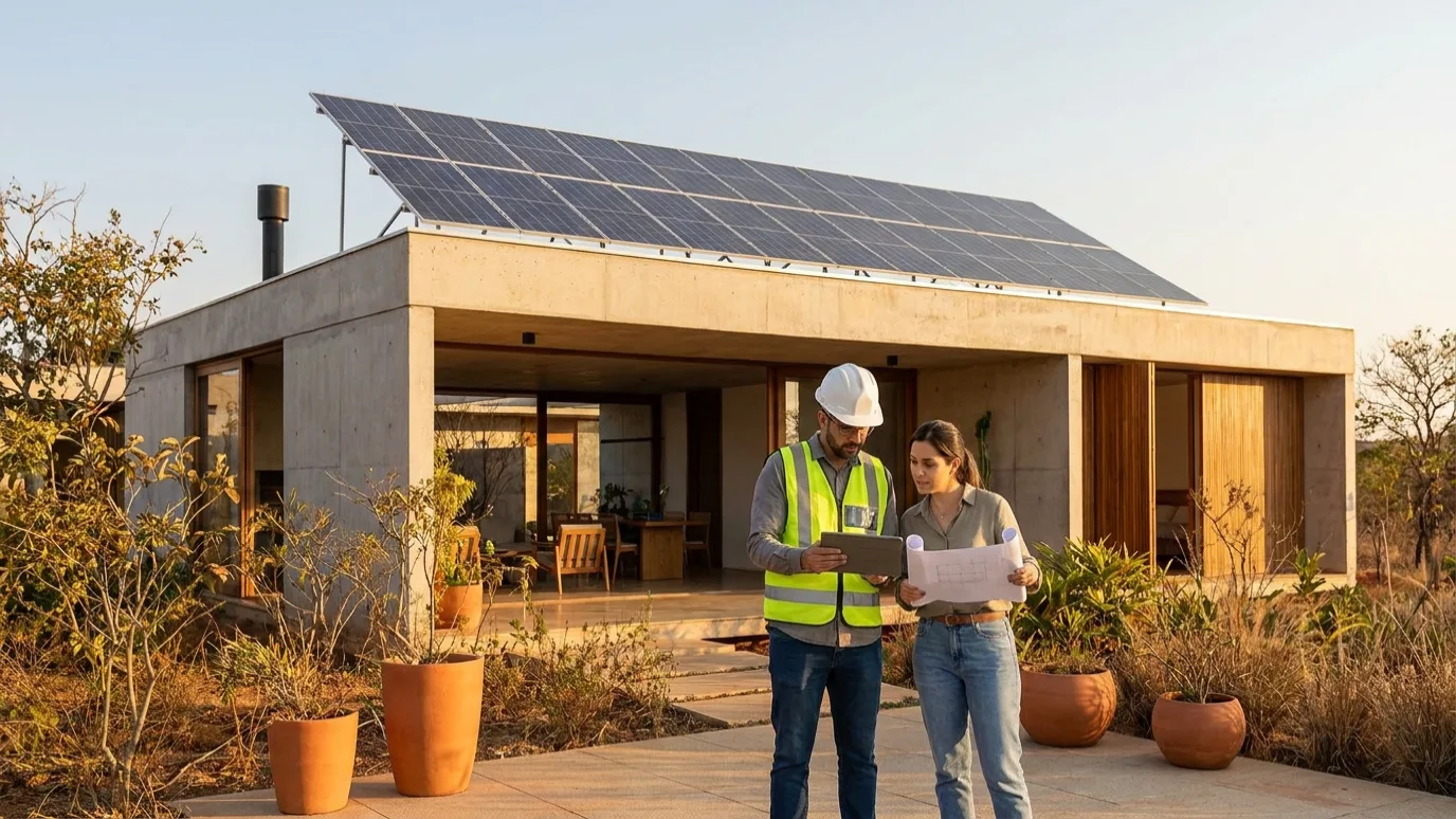 Engenheiro e proprietária avaliam documentos diante de uma casa com painéis solares em Brasília