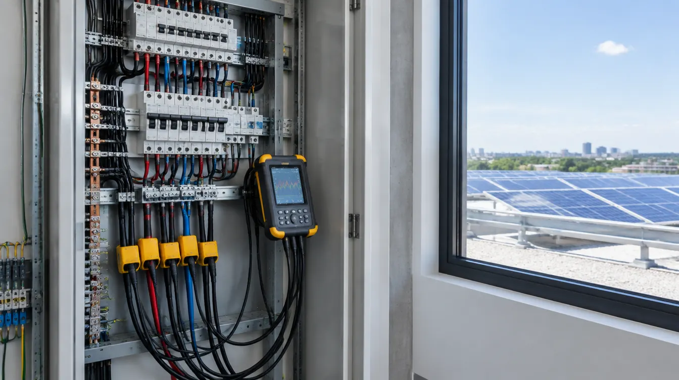 Quadro elétrico de comércio com analisador de energia instalado e painéis solares em cobertura ao fundo, em cena editorial ilustrativa.