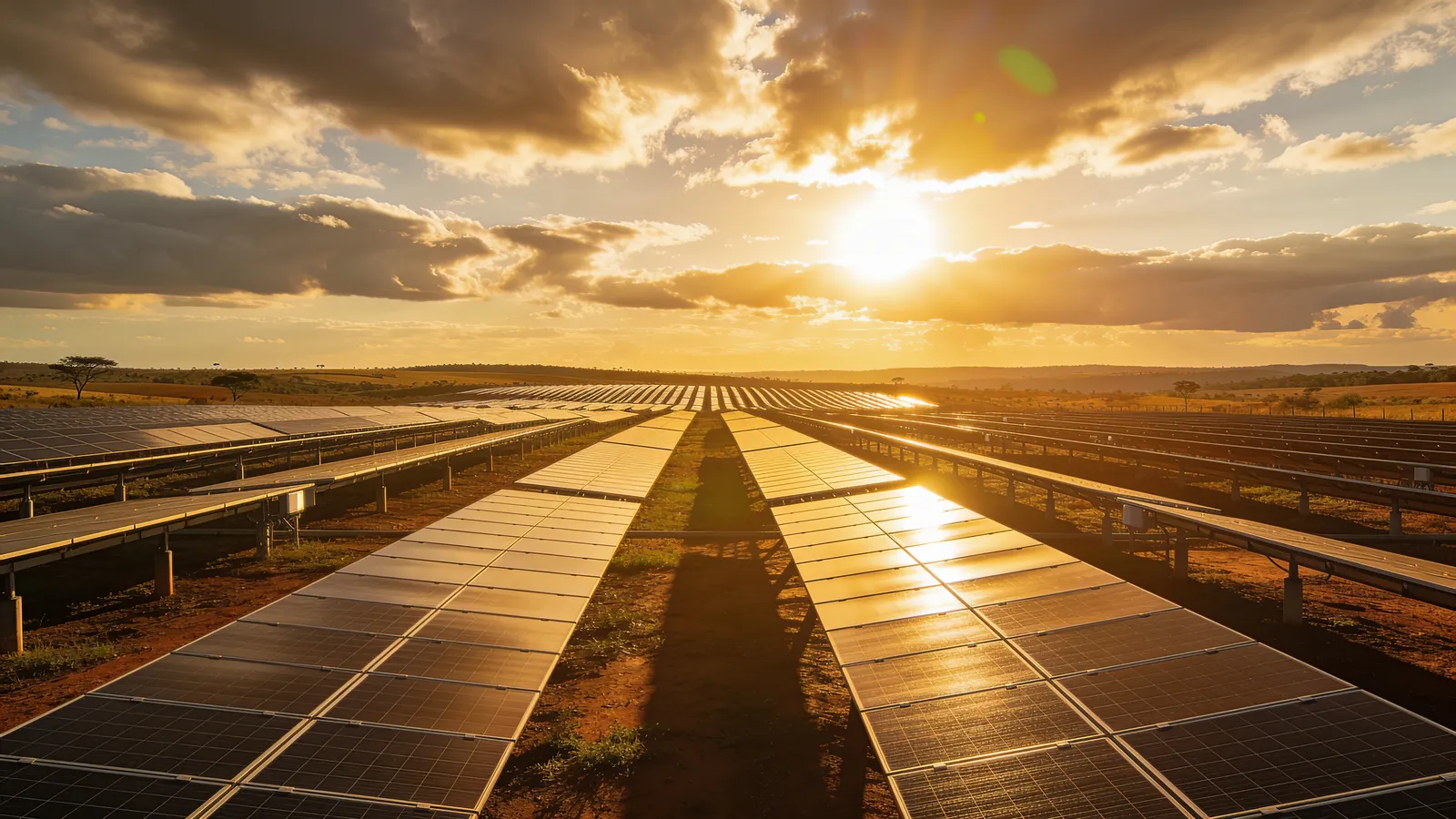 Painéis fotovoltaicos em campo aberto sob céu do cerrado representando investimento em energia solar financiado