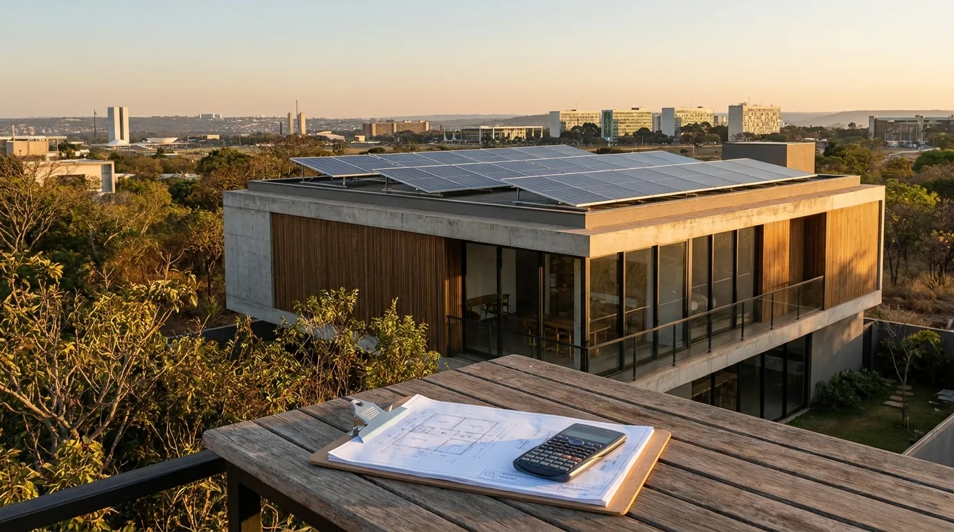 Sistema de energia solar em edifício de Brasília com projeto de engenharia e calculadora em primeiro plano