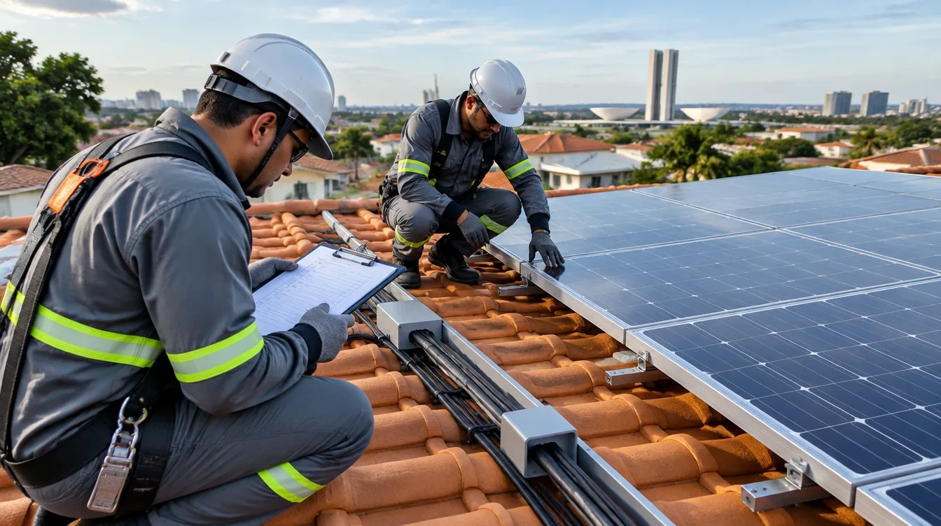 Dois técnicos com equipamentos de proteção verificam a fixação dos módulos e os materiais de uma instalação solar em telhado.