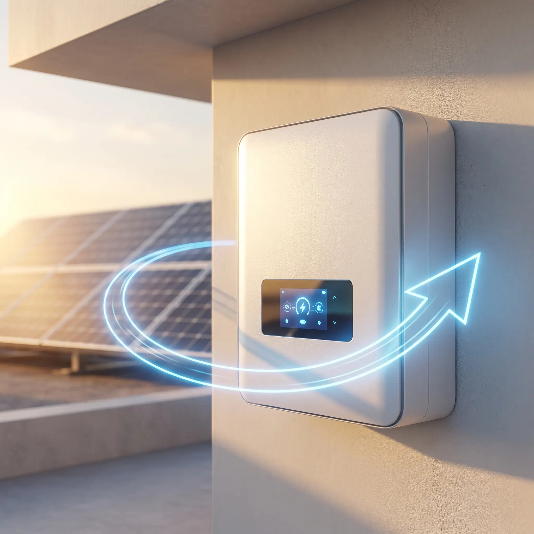 Inversor solar instalado na parede, convertendo a energia captada pelos painéis fotovoltaicos ao fundo