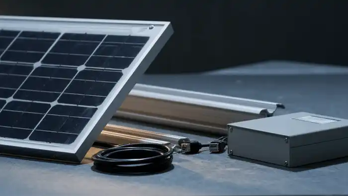 Componentes de um kit de energia solar sobre bancada: módulo fotovoltaico, perfis de fixação em alumínio, cabos CC, conectores MC4 e inversor