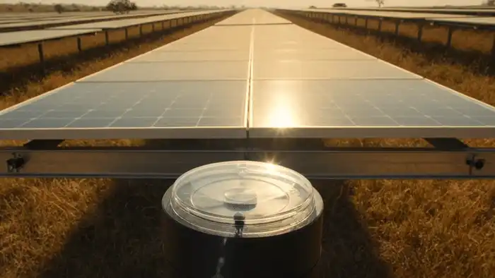 Animação de painéis solares em campo aberto sob luz solar intensa do cerrado, representando a geração distribuída regulada pela Lei 14.300