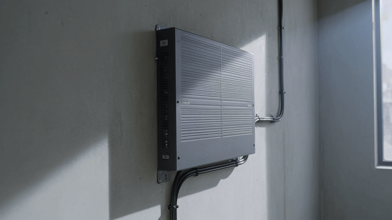 Inversor solar instalado em parede técnica com LEDs de status acesos, ilustrando a inspeção e manutenção do equipamento