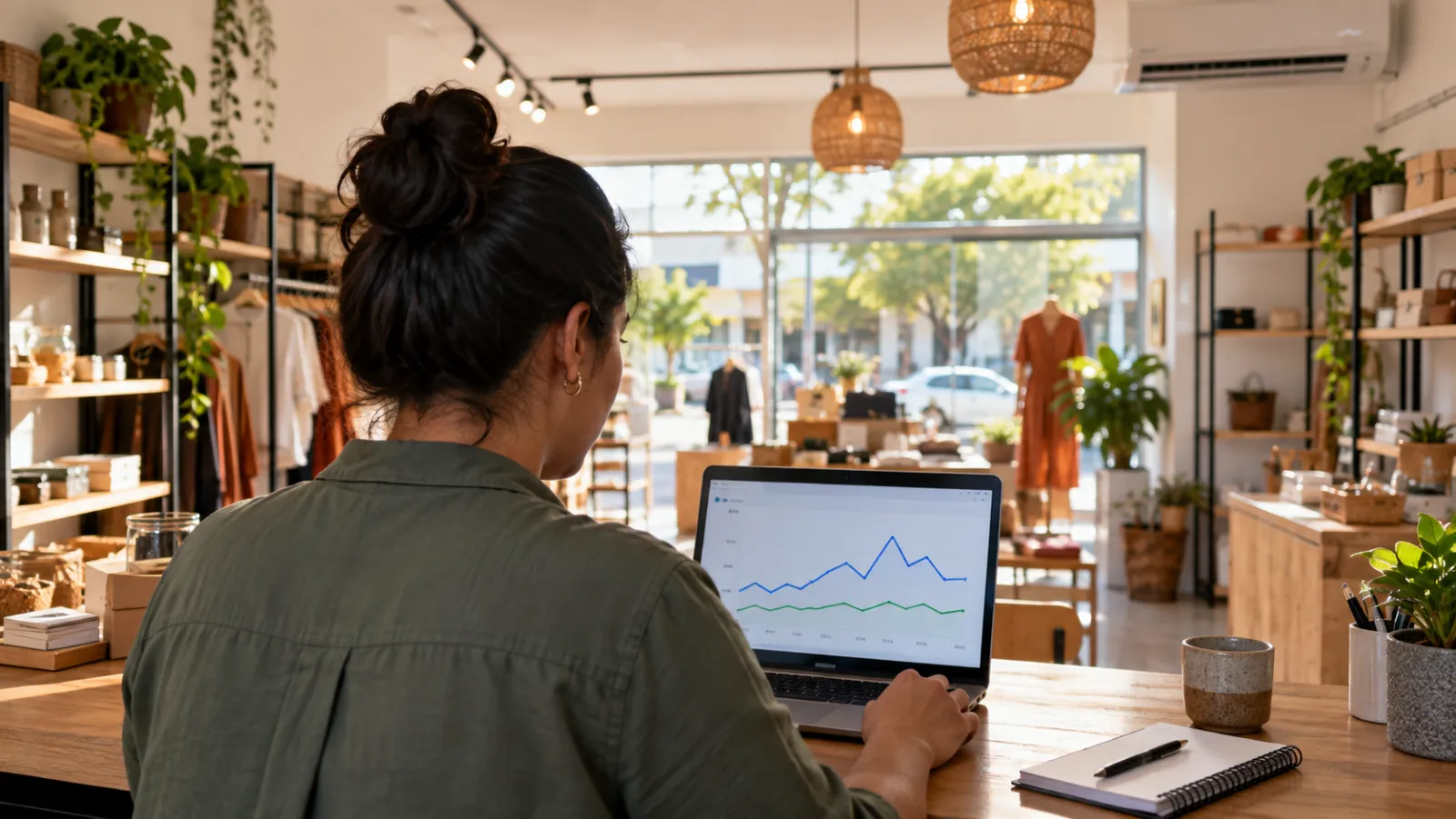 Gestora de loja analisa gráficos ilustrativos de consumo em um computador, com iluminação e climatização ao fundo.